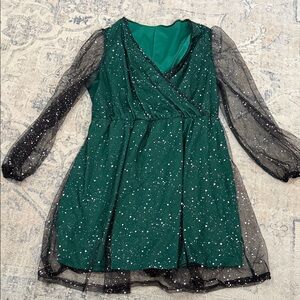 Green Dress with Sheer Black Sleeves